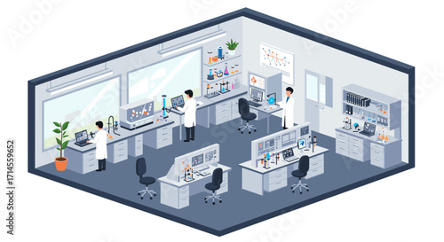 Isometric laboratory scene with scientists conducting experiments in a modern research facility