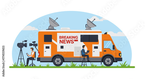 Mobile news broadcasting truck with journalists in action