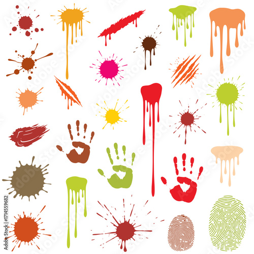 Hand-drawn blood splatters, smears, cuts, scratches, handprints, and fingerprint stains in various shapes and sizes. Realistic dripping streaks and liquid flows, solid black vector style, perfect for 