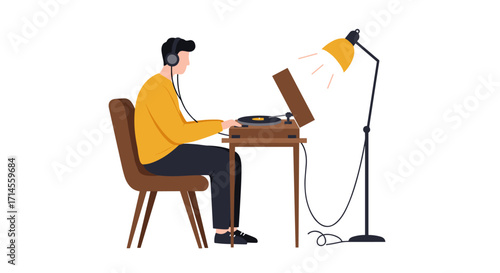 Minimalist music producer with vinyl record player and headphones