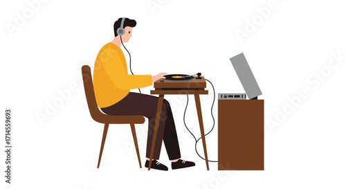 Man using turntable with headphones in minimalist style