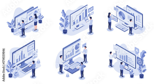 Isometric business analysis scenes: data visualization and teamwork concepts