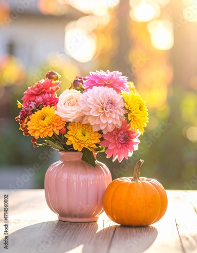 Wallpaper Mural Pink vase with colorful flowers and pumpkin on wooden table on sunny autumnal garden background.   Torontodigital.ca