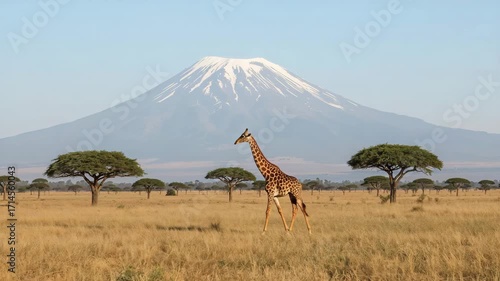 Giraffe walking in front of mount kilimanjaro