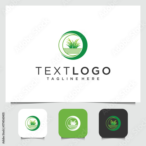 Green nature logo design with grass inside circle frame and color variation