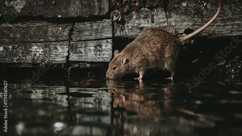 Brown rat drinking water from a puddle