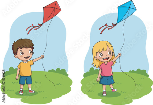 Happy children flying colorful kites outdoors in sunny sky, kids playtime activity, summer fun, childhood joy, outdoor sport, healthy lifestyle