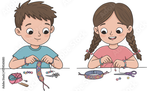 Happy children making friendship bracelets with beads, colorful threads, creative craft activity, handmade jewelry, fun learning, teamwork, art, childhood creativity