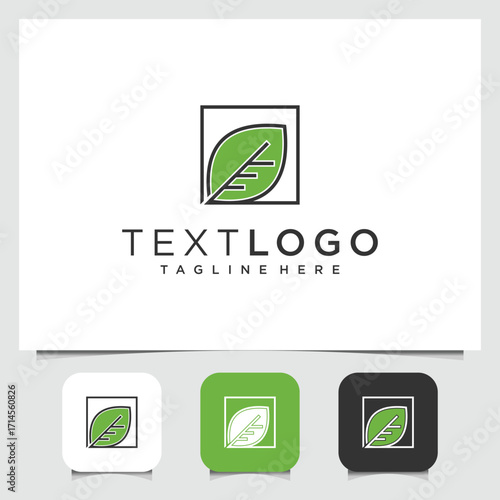 Minimalist leaf logo design encased in square frame with tagline options