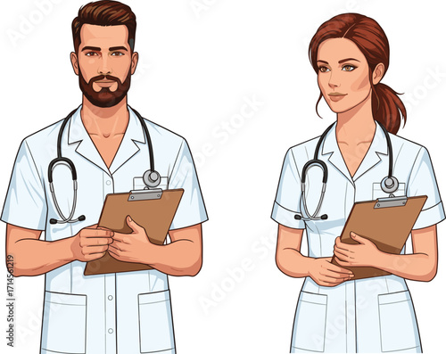 Healthcare professionals in white uniforms with clipboards, medical teamwork illustration, clinical documentation scene, hospital staff, health service concept
