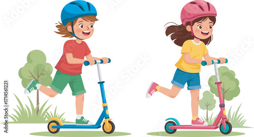 Happy kids riding scooters outdoors with helmets, safety gear, active lifestyle, childhood fun, healthy exercise, sports activity, smiling children