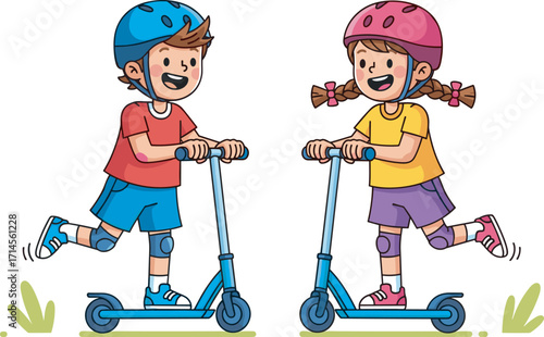 Happy kids riding scooters outdoors with helmets, safety gear, active lifestyle, childhood fun, healthy exercise, sports activity, smiling children