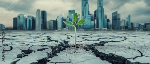 A close-up of cracked ground with fissures radiating outward, at the center a delicate sprout with two green leaves rises against all odds