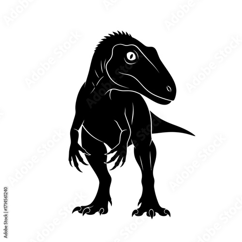 A stylized black silhouette of a carnivorous theropod dinosaur looking over its shoulder on a white background.