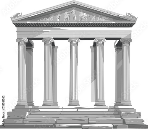 Grayscale ancient Greek Roman temple with Corinthian columns, mythological pediment relief, classical architecture, historic monument, vector illustration design