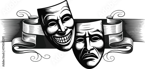 Black and white theatrical comedy and tragedy masks with ribbon banner, dramatic emotion vector, performing arts symbol, stage illustration design