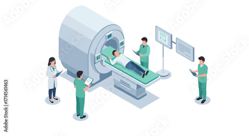 Isometric mri medical scan with healthcare professionals in a clinical setting