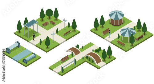 Isometric park elements with pathways and gazebos