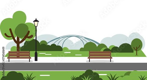 Park landscape with benches and trees on a sunny day