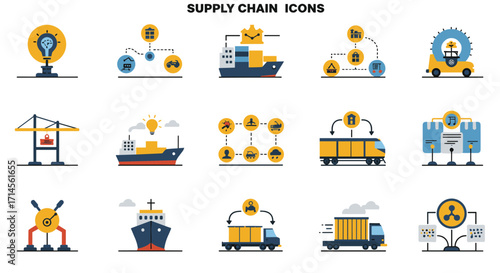 Industrial supply chain icon set: shipping, logistics, production symbols in flat design