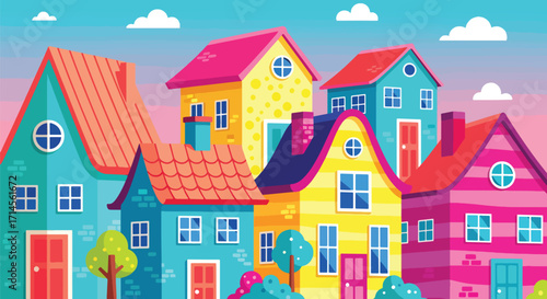 Colorful houses illustration with bright rooftops and playful facades, cheerful modern neighborhood vector art.