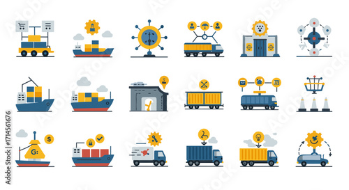 Comprehensive logistics and transport icon set in flat design