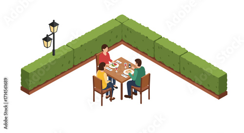 Isometric outdoor dining scene with friends enjoying a meal