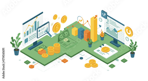 Isometric financial analytics with digital charts and currency symbols