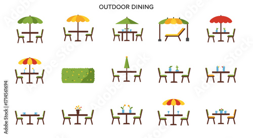 Flat outdoor dining furniture set with umbrellas and greenery elements
