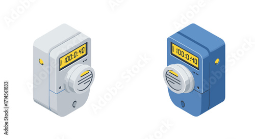 Isometric digital timer design with blue and gray versions