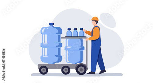 Worker pushing cart with large water bottles in modern flat design