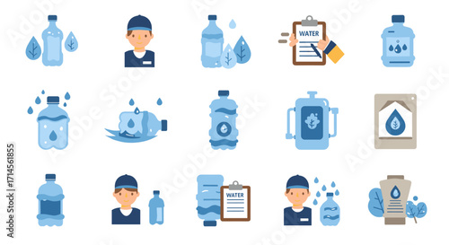 Water delivery service icons featuring worker and bottles in flat style
