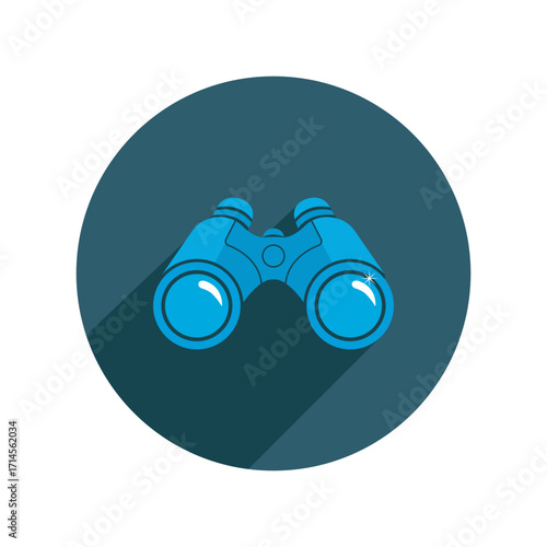 Sky blue binoculars gleaming with crisp reflection set against a shadowed navy circle evoke a sense of adventure and