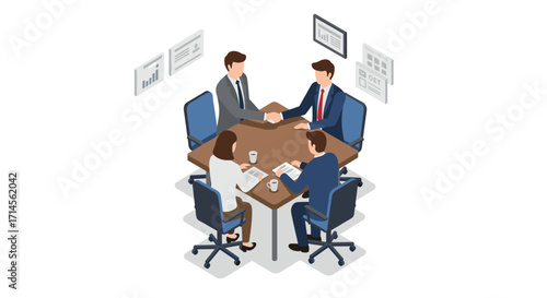 Isometric business meeting with diverse team collaborating around conference table