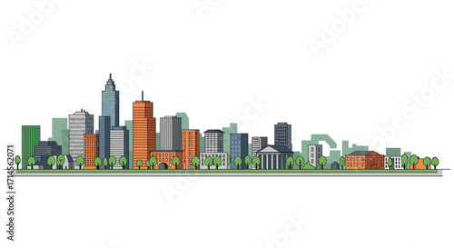 Colorful urban cityscape with skyscrapers and trees in linear style