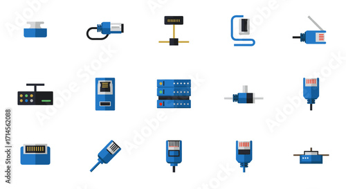 Technology icons featuring cables, connectors, hubs, and adapters in flat style