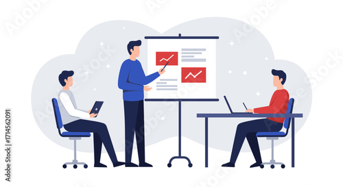 Teamwork presentation in modern office with graphs and laptops