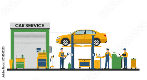 Modern car workshop with mechanics in a flat design