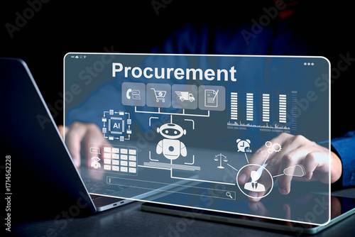 Entrepreneurs using digital procurement systems combined with AI technology to manage their supply chains, reducing redundant work with AI and data analytics for business efficiency.