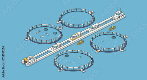 Isometric aquaculture facility with fish tanks and boats on blue background