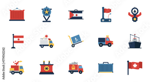Colorful logistics and transportation icons with various transport modes and…