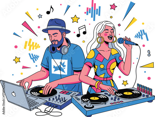 Live music, DJ performance, vocal artist, sound mixing, colorful notes, energetic vibe, headphones, microphone, stage setup, creative rhythm