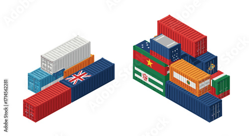 Isometric shipping containers with flags: logistics and international trade