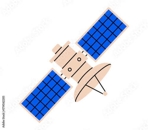 Hand drawn cute illustration of orbit satellite. Flat vector space station with antenna doodle. Communication wireless device icon. Astronomy science. Solar system exploration sticker. Isolated.