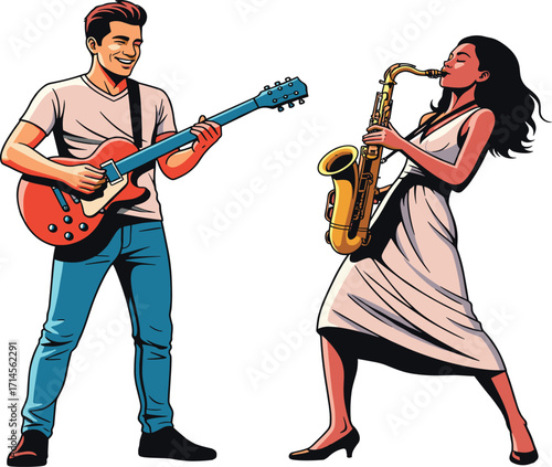 Live music, guitar and saxophone, musical duo, stage performance, artistic expression, stylish attire, creative energy, modern sound, vibrant illustration, interaction