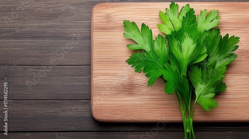Fresh Parsley Sprigs on Rustic Wooden Board