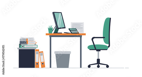 Modern office workspace with desk, chair, and computer in flat design