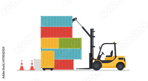 Forklift stacking colorful cargo containers in minimalist style