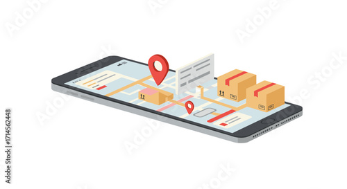 Isometric smartphone map with location marker and delivery boxes for online tracking