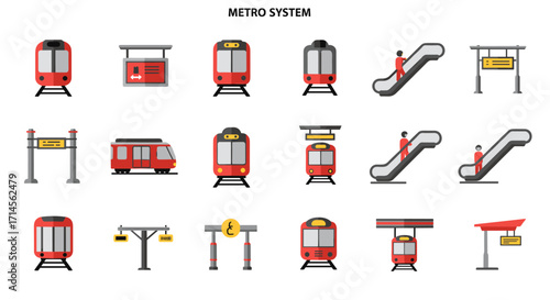 Modern metro system icons collection for urban transport and infrastructure design